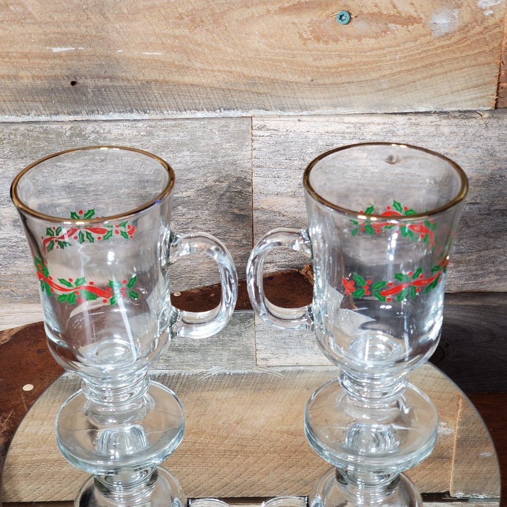 Libbey Irish Coffee Mugs - Green & Red Holly - Red Ribbon - Price for Pair